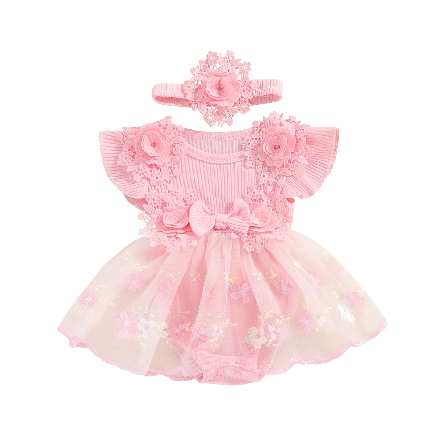 3D Flower Baby Girls Romper Lace Ruffle Bodysuit Dress