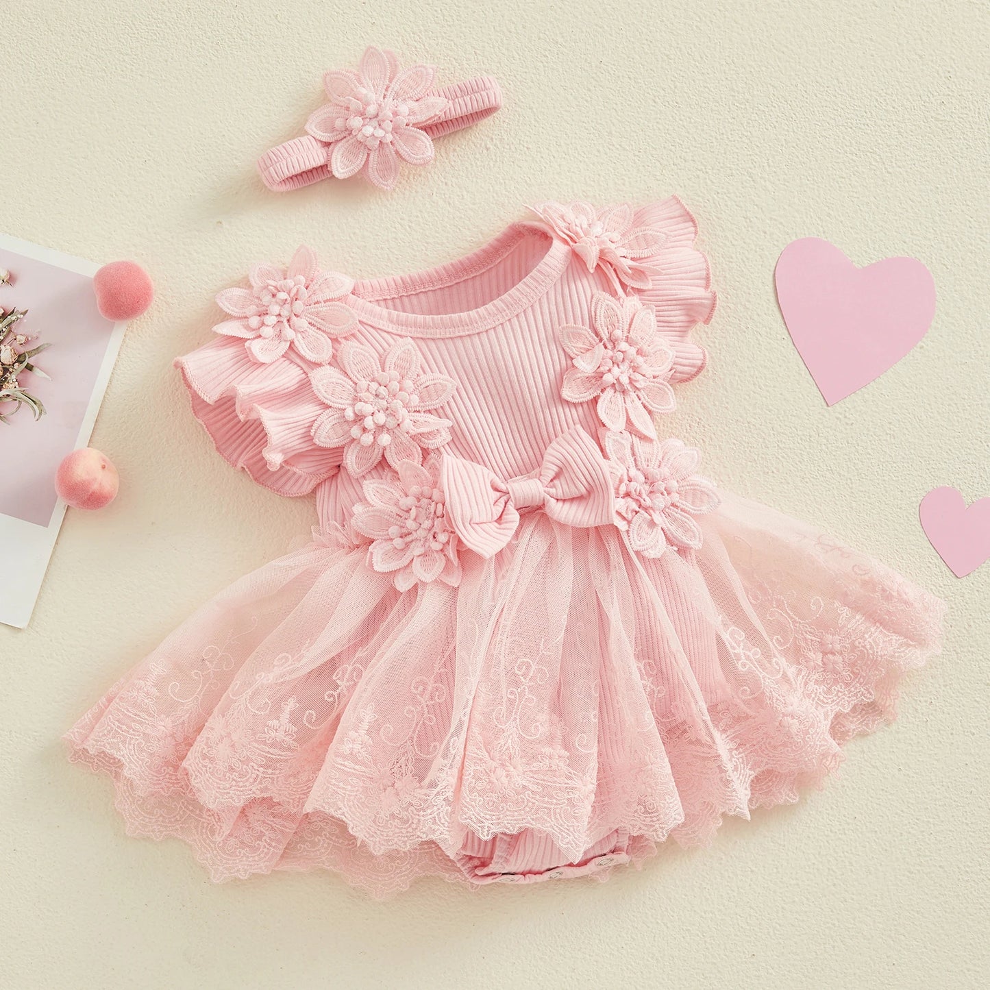3D Flower Baby Girls Romper Lace Ruffle Bodysuit Dress