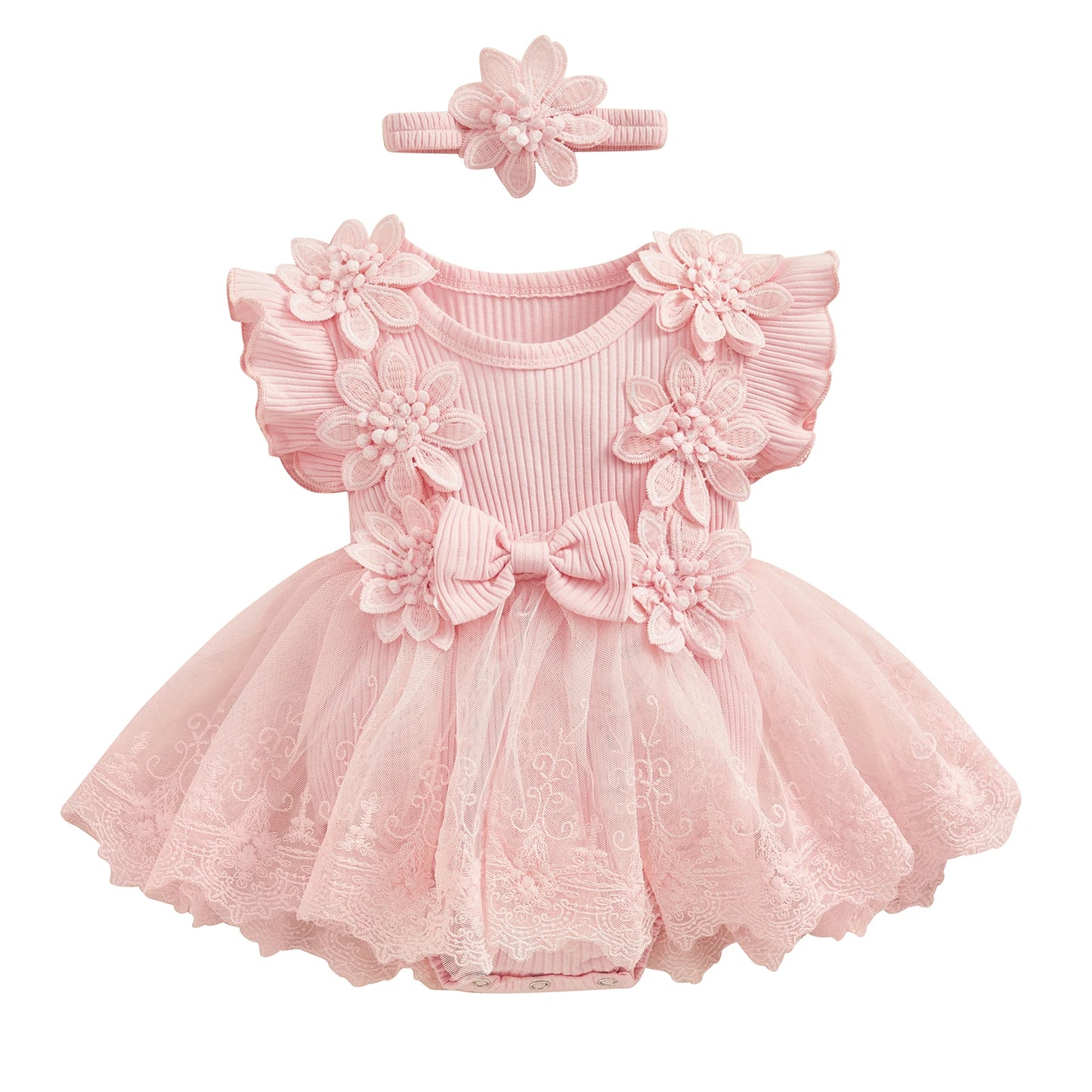 3D Flower Baby Girls Romper Lace Ruffle Bodysuit Dress