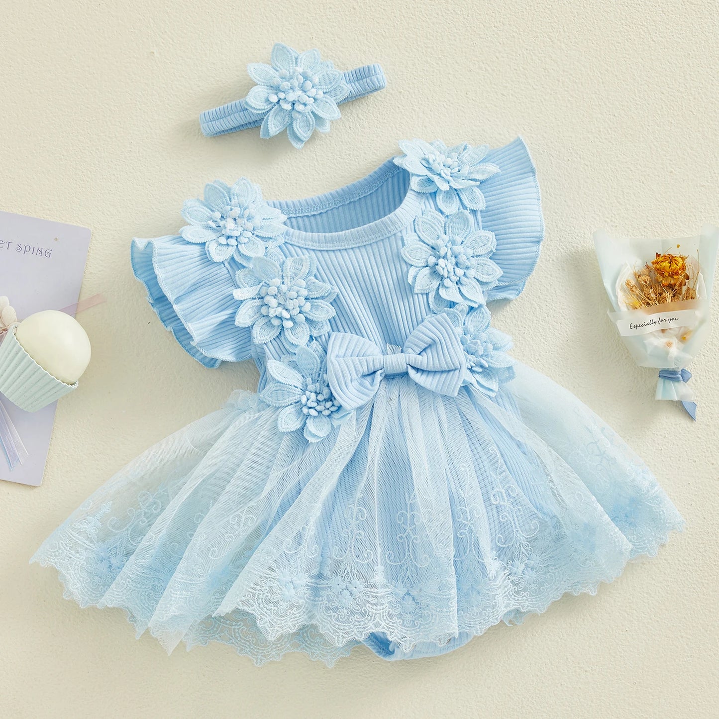 3D Flower Baby Girls Romper Lace Ruffle Bodysuit Dress