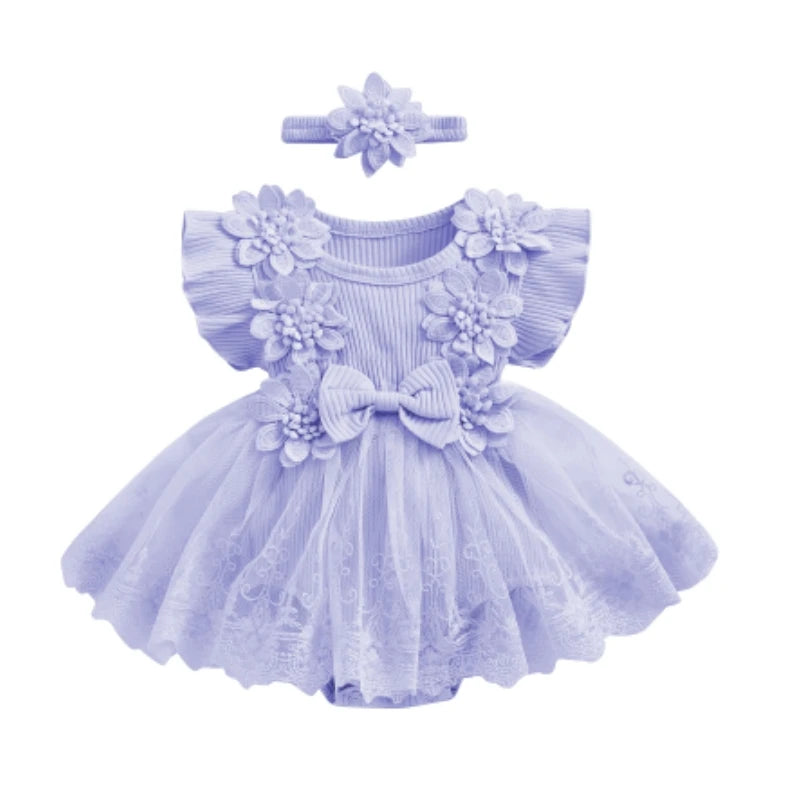 3D Flower Baby Girls Romper Lace Ruffle Bodysuit Dress