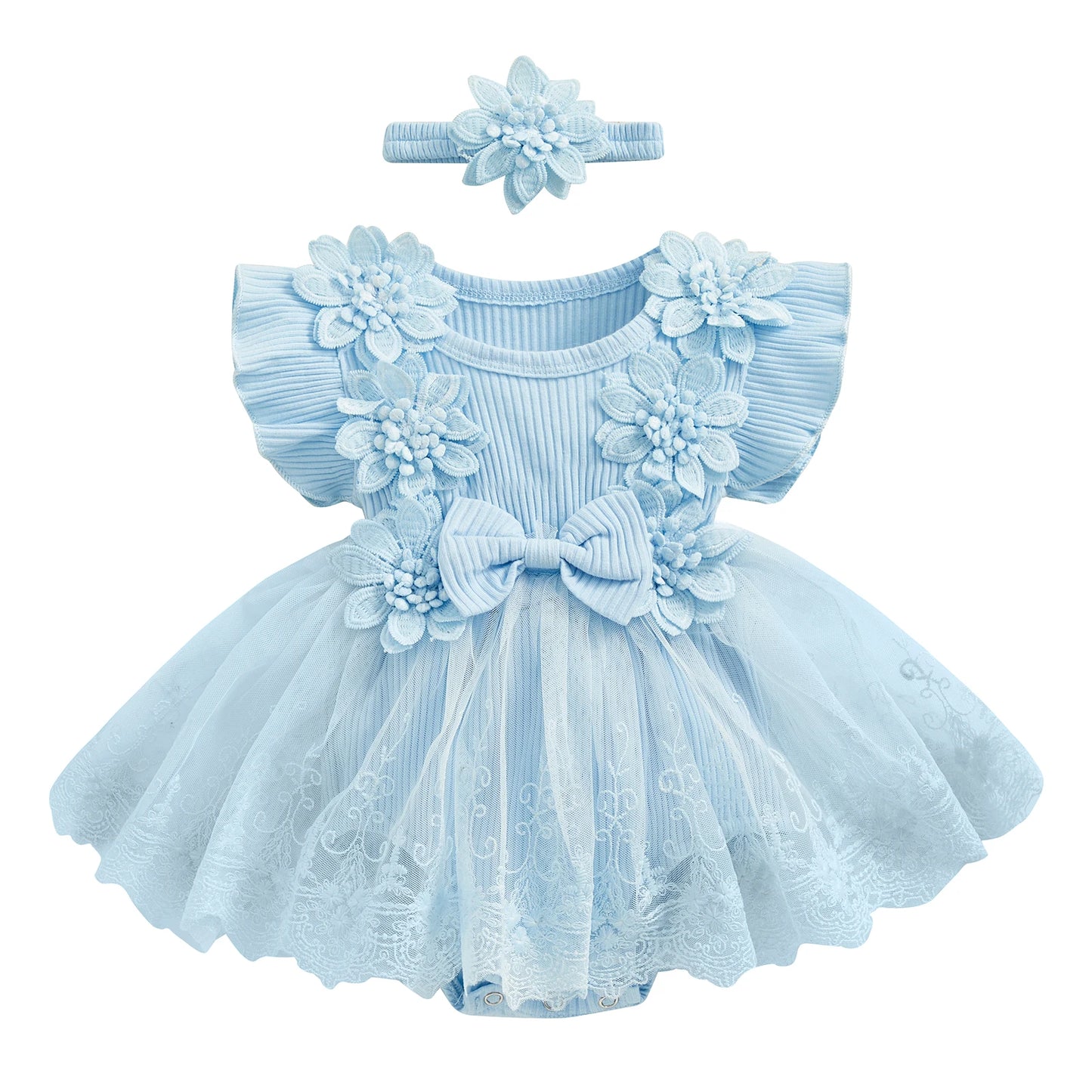 3D Flower Baby Girls Romper Lace Ruffle Bodysuit Dress