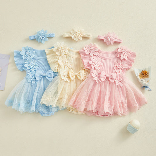 3D Flower Baby Girls Romper Lace Ruffle Bodysuit Dress